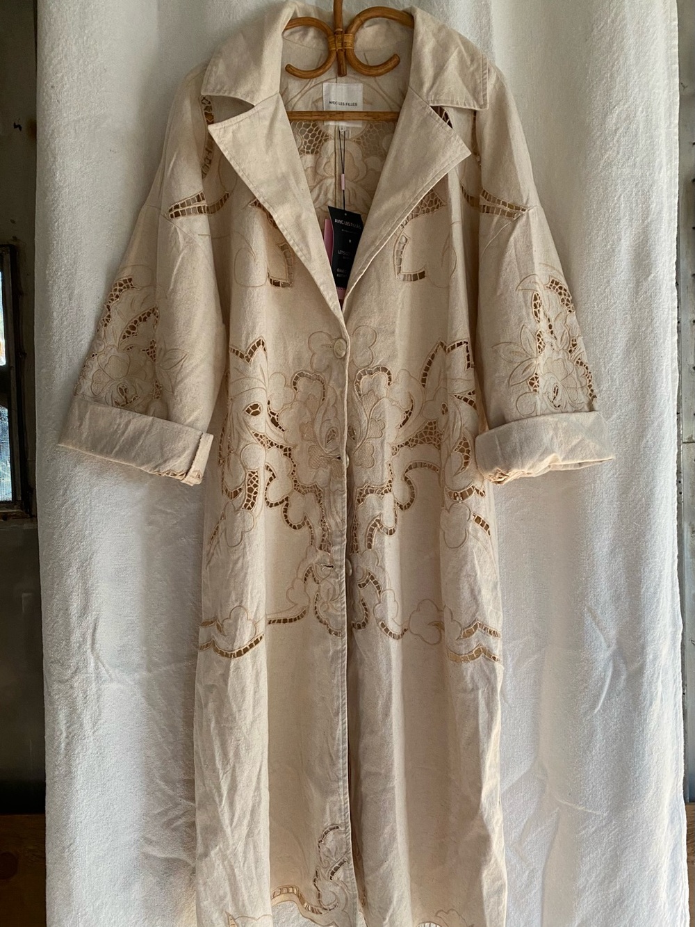 Anthropologie Avec Les Filles Cutwork Linen  Trench Coat/Duster Size Large NWT - Picture 4 of 12